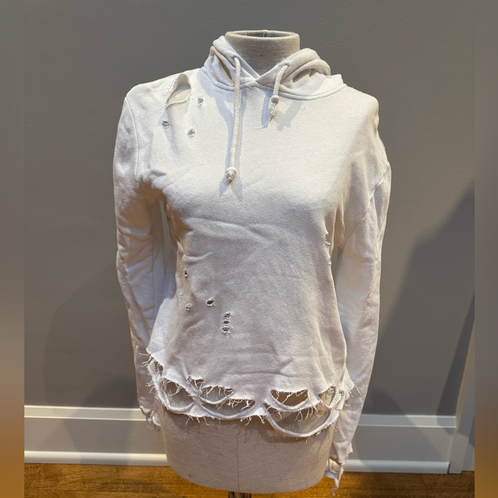 Topshop Distressed White Hoodie Women’s Size US 4 / UK 8 – Raw Hem cropped